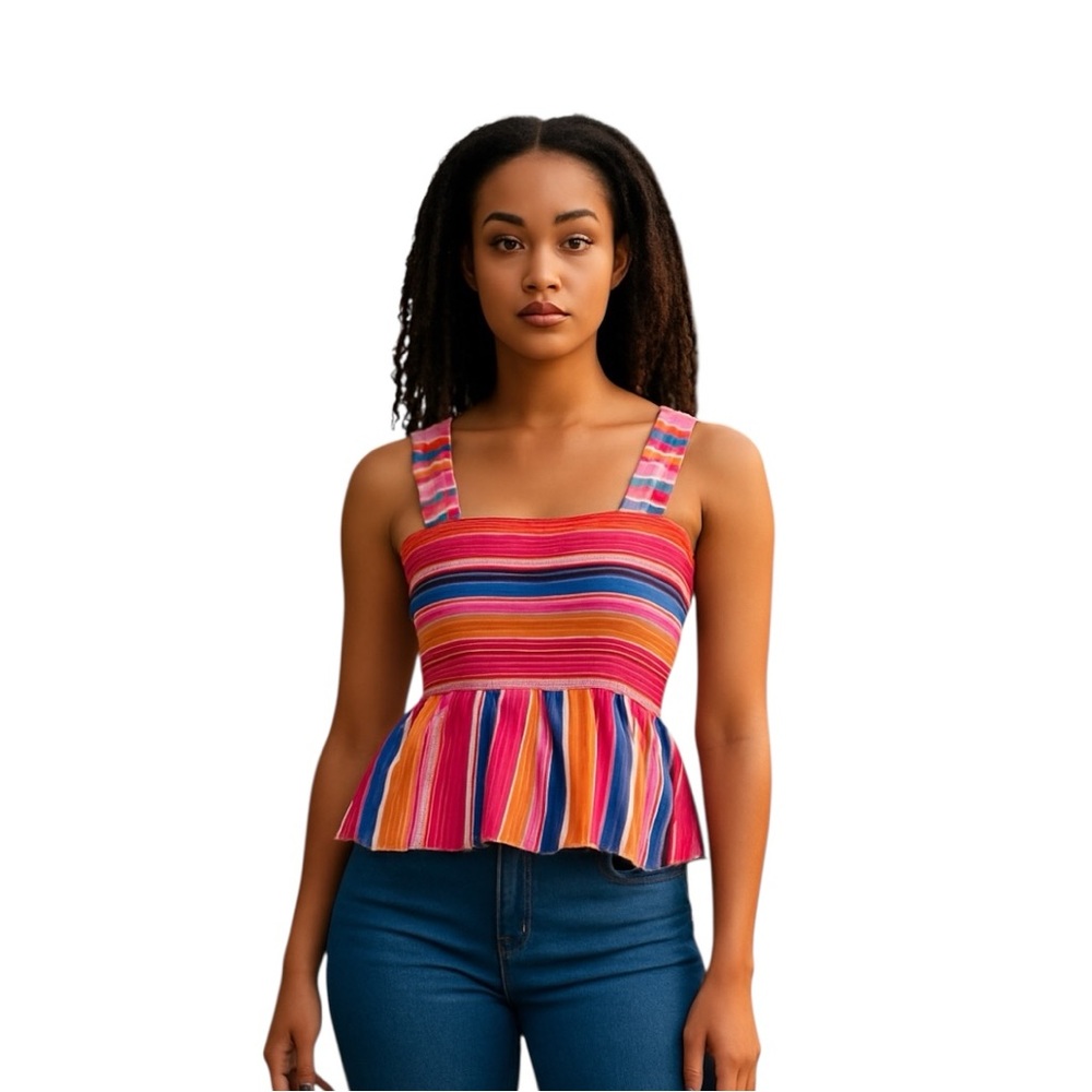 NWT SKIES ARE BLUE STRIPE SMOCKED TOP,PINK‎ ORANGE BLUE RUFFLE STRAPS TOP